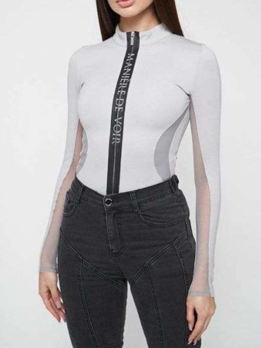 Manière De Voir Grey Mesh Panel Zip Bodysuit UK 8 US size 4